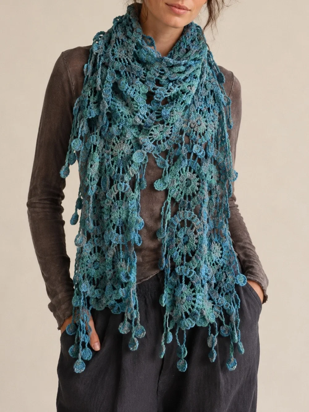 Hand Crochet Textured Spiral Fringe Scarf Wrap Ocean Blue Boho Art Whimsigoth